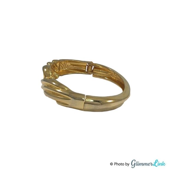 Vintage Gold Tone Hinged Ribbed Bangle Clamper Bracelet - Picture 3 of 10